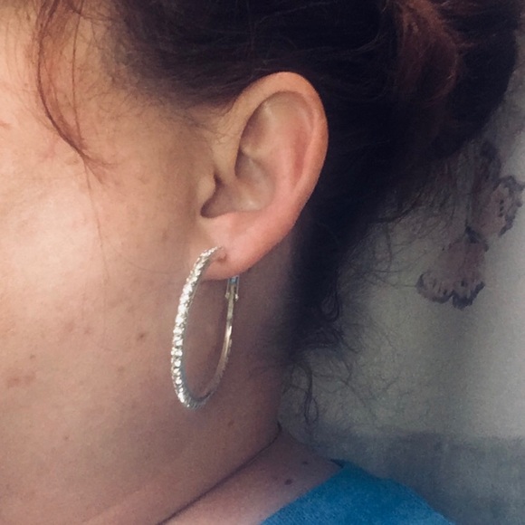Silver Tone Rhinestone Hoop Earrings - Picture 2 of 2